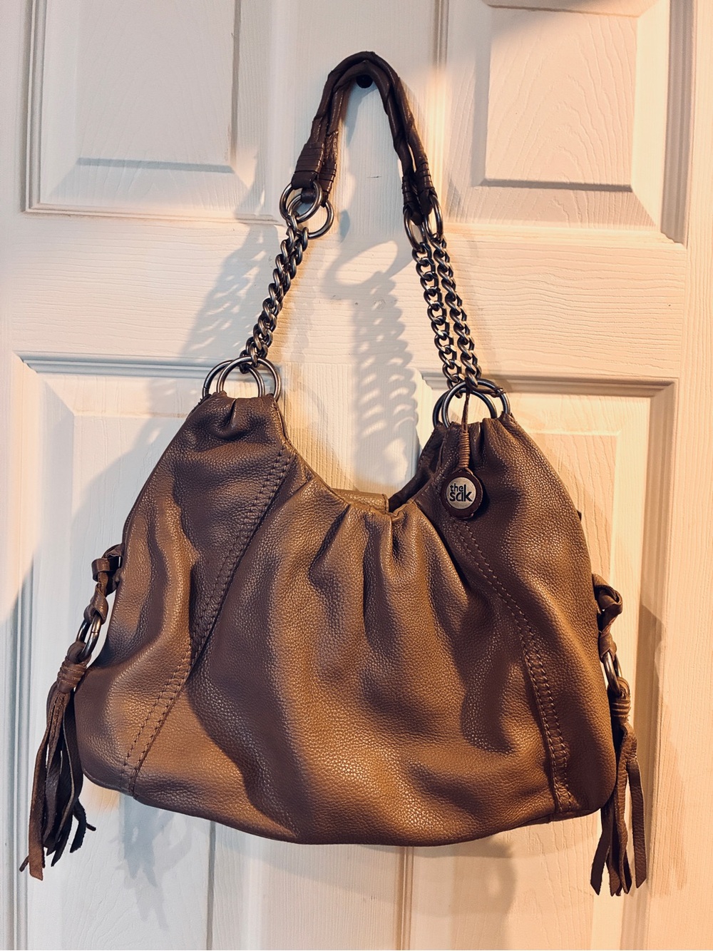 Sakroots Brown Pebbled Leather Chain-Accent Shoulder Bag